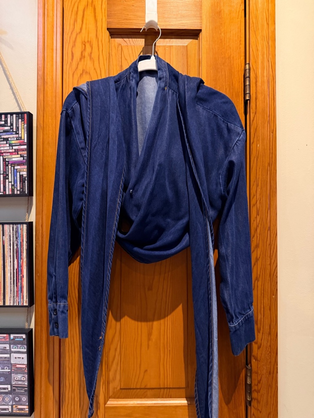 AKIRA wrapped around tie blouse lightweight jean fabric